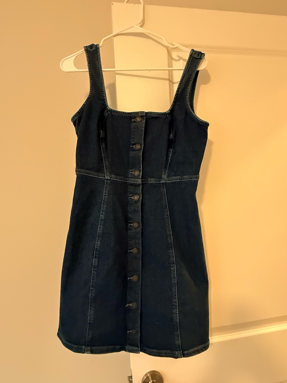 SO Dark Wash Denim Button Front Mini Dress Size M Sleeveless Square Neck❤️ - Picture 5 of 7